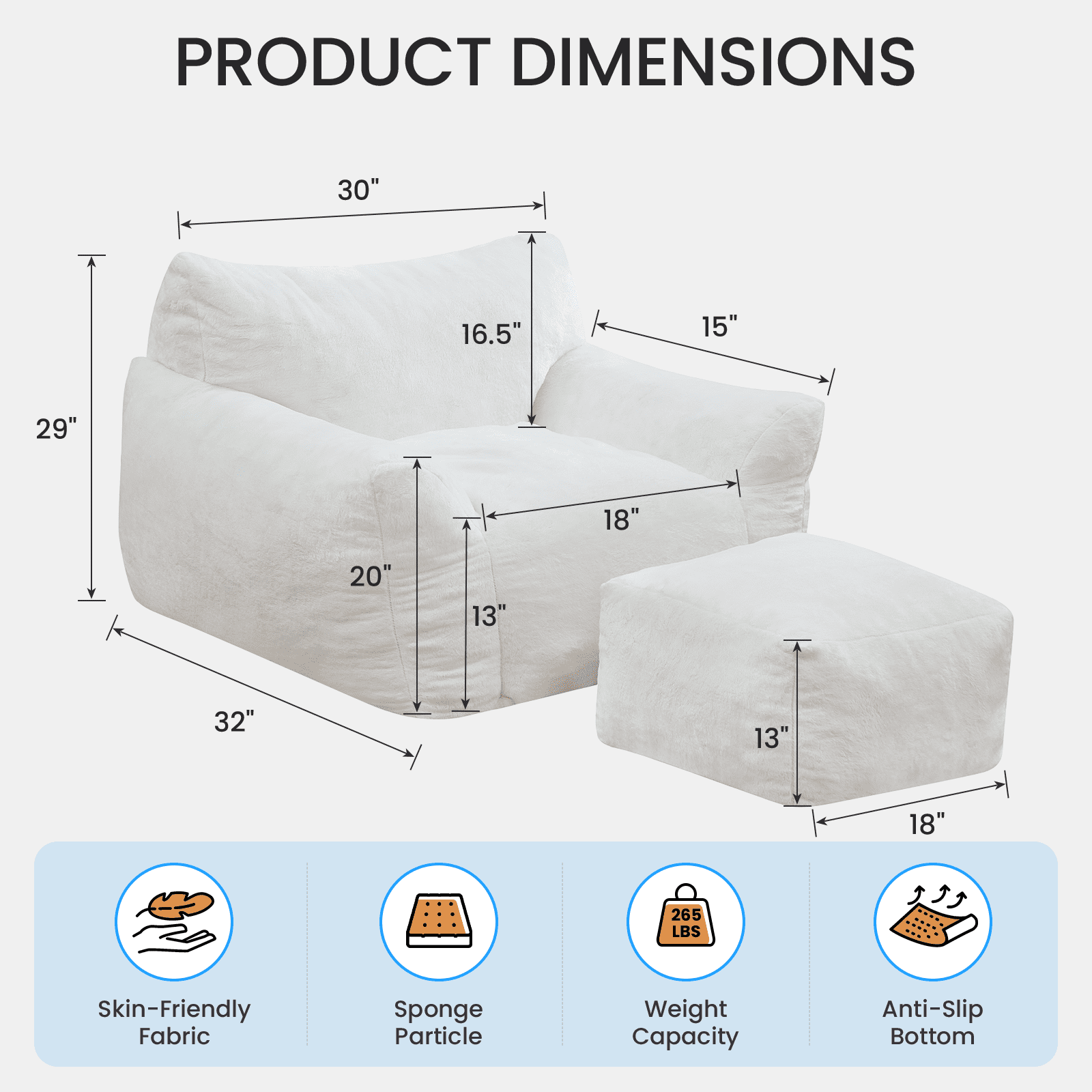 Puremind Bean Bag Chair for Kids and Adults, Oversized Bean Bag Couch with Ottoman, Faux Fur Lazy Sofa Chair for Living Room/Apartment/Bedroom, Beige