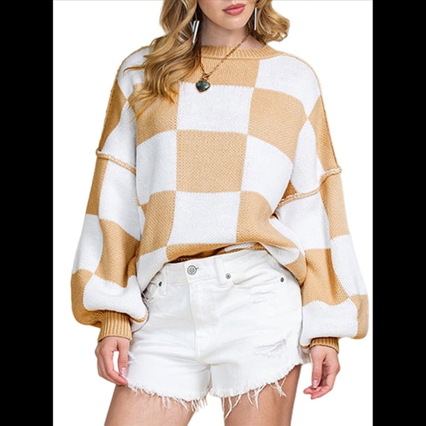 Suéter Holgado de Punto Acanalado con Cuello Redondo y Larga para Mujer, Moda de Otoño Caqui M