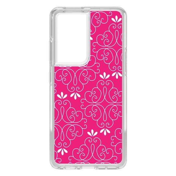 DistinctInk Clear Shockproof Hybrid Case for Galaxy S21 ULTRA 5G (6.8" Screen) - TPU Bumper, Acrylic Back, Tempered Glass Screen Protector - Neon Pink White Floral