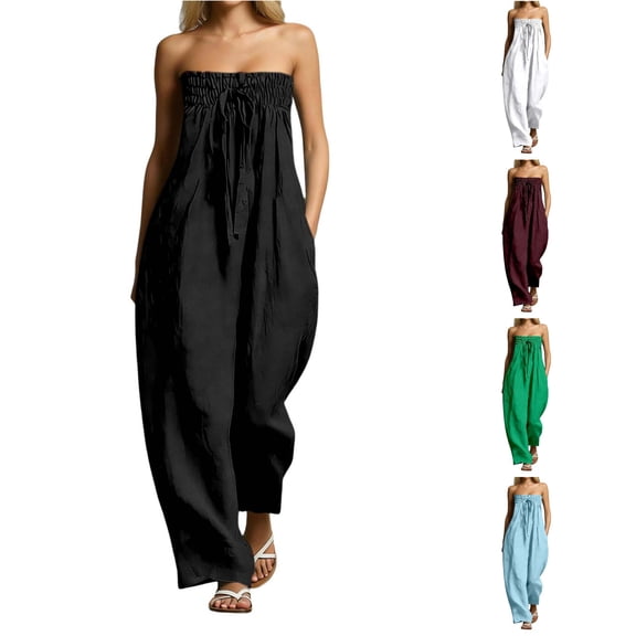 SONXAHE Womens Strapless Jumpsuit Smocked Tube Top Wide Leg Pocket Daily Bottoms
