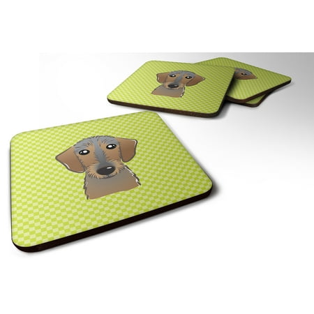 Wirehaired Dachshund - Set of 4 Checkerboard Lime Green Wirehaired Dachshund Foam Coasters BB1295FC