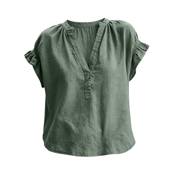 LEKODE Cotton Boho Tops for Women Oversized T-shirts Peasant Blouses Cute Shirts Lace Top Button Down Shirts Solid Summer Tops Womens Boho Summer Tops Blackish Green L