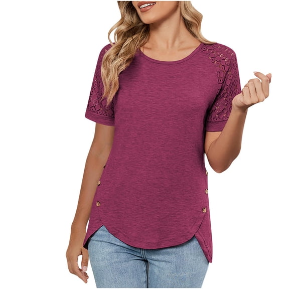 Zpanxa Women's Lace Trim Short Sleeve Top, Round Neck Blouse with Button Front Detail and Asymmetrical Hem, Casual Chic Solid Color Shirt