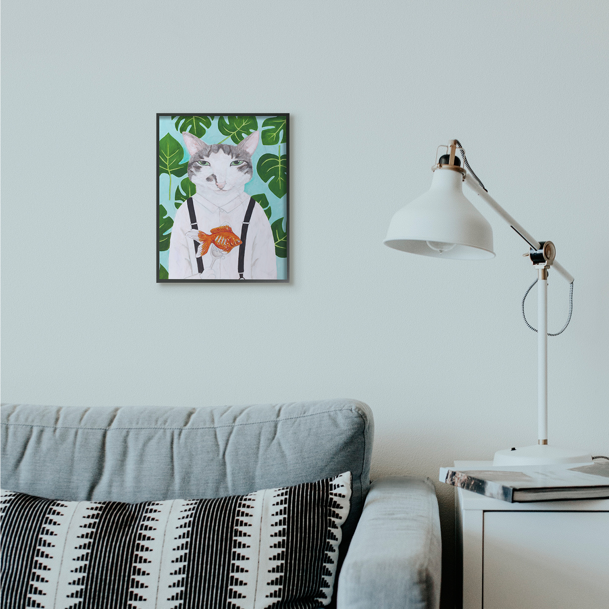 Stupell Industries Cat Goldfish Dinner Funny Animal Portrait Painting Black Framed Art Print Wall Art, 11x14, by Sally B