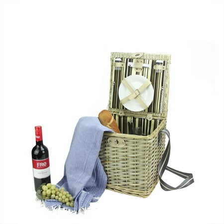 Picnic Basket Sets For Two Northlight 2-Person Hand Woven Warm Gray Natural Willow And Striped Picnic Basket Set With Accessories ()