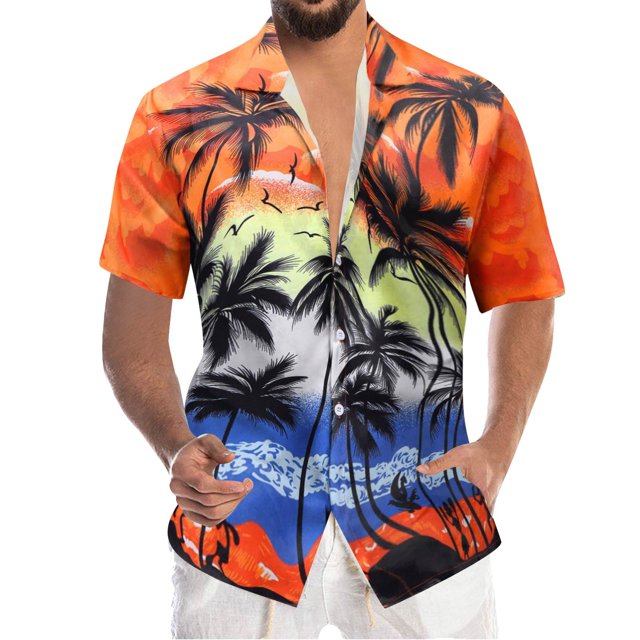 Camisas Negras Para Hombre Blusa superior con estampado hawaiano de playa de ocio de de verano para hombre (Orange, L)