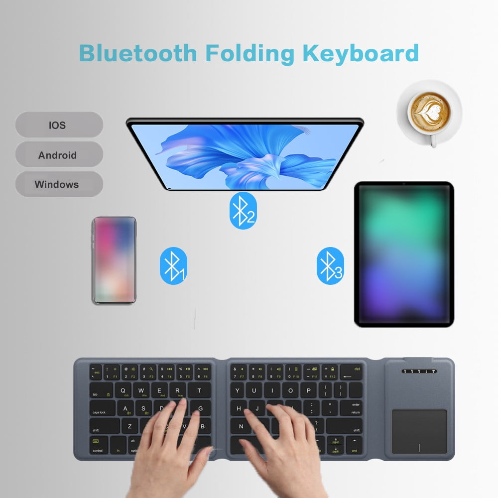 Folding Bluetooth Keyboard with Leather Case, Rechargeable Wireless Keyboard Built-in Touchpad & Left/Right Buttons
