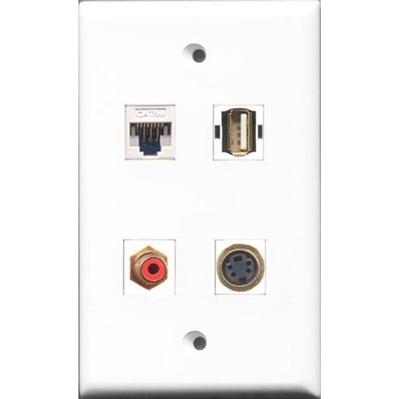 RiteAV 1 Port RCA Red and 1 Port USB A-A and 1 Port S-Video and 1 Port Cat5e Ethernet White Wall Plate