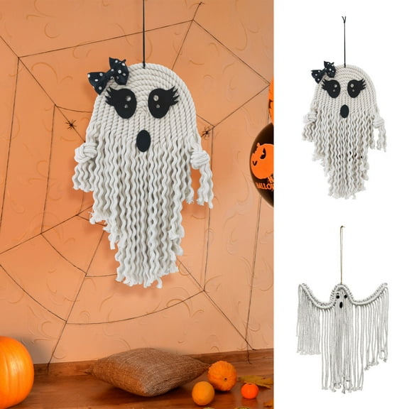 PRETXORVE Halloween Decoration, Handwoven White Ghost Cute Handwoven Ghost Ornaments Horror Tassels Ghost Macrame Wall Ornament Holiday Decoration for Halloween Party Theme Party