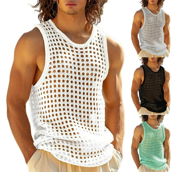 FRSASU Mens Knitted Tank Tops Casual Sleeveless Hollow Out Crochet T-Shirts Muscle Summer Beach Hippie Breathable V-Neck Vest White