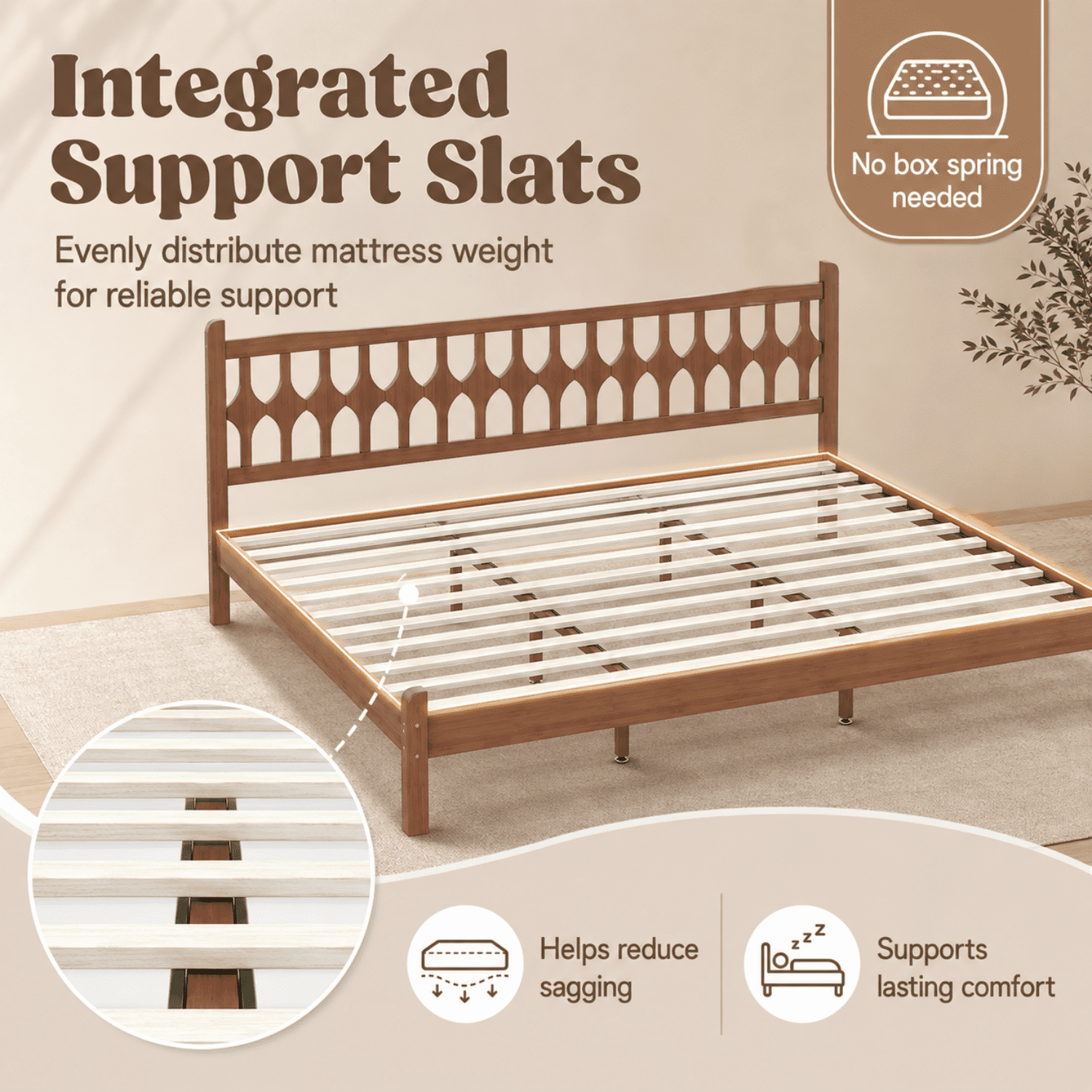 Miniyam King Size Bamboo Platform Bed Frame with Geometric Headboard, Brown