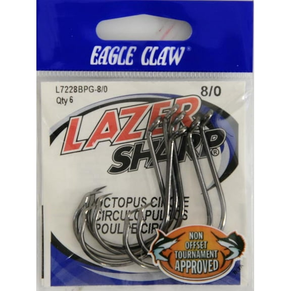 Eagle Claw Lazer Sharp Octopus Circle up Eye Non-Offset Fishing Hooks, Black, Size 8/0, 6 Pack