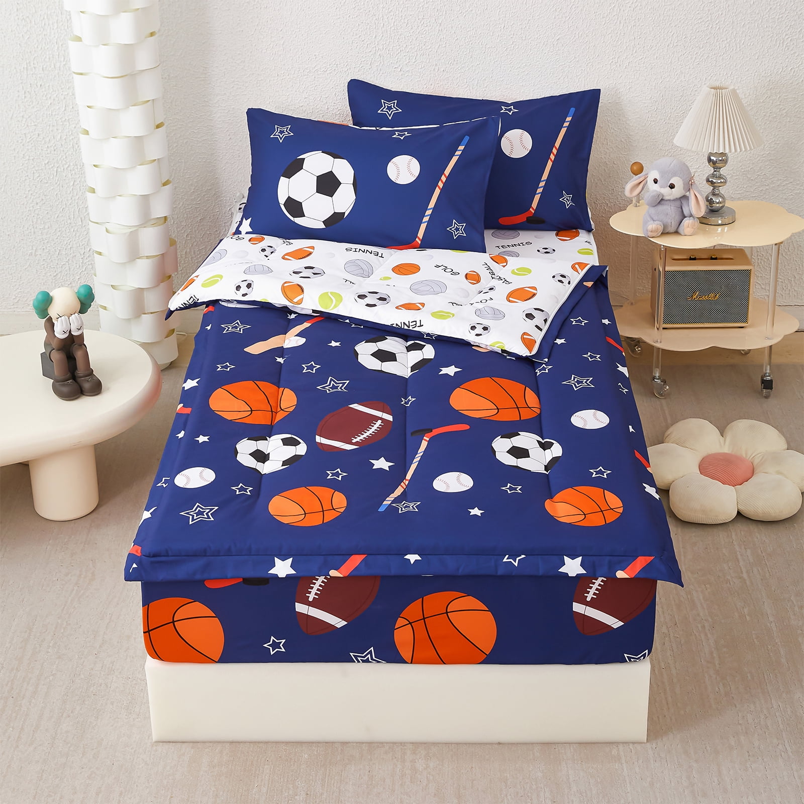 ZRNBAST 3Pcs Kids Comforter Set Sports Ball Games Zipper Bedding Set for Boys Basketball Football Baseball Comforter with Fitted Sheet and Pillowcases All in one Zipper Bedding(Navy ,Twin)