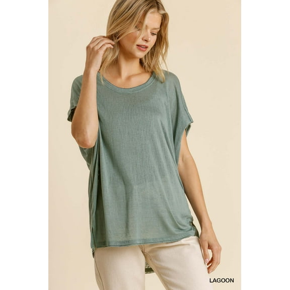 Short Sheer Dolman Sleeve Scoop Neck Top With Side Slit