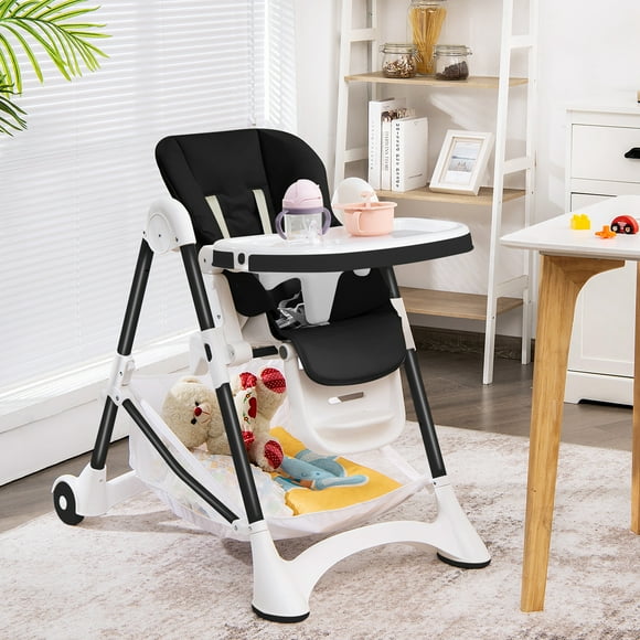 Costway Trona para Niños y Bebés Silla Alta de Comedor Plegable con Ruedas Doble Bandeja Removible Cojín en PU Altura Regulable 89 x 57 x 105 cm Negro