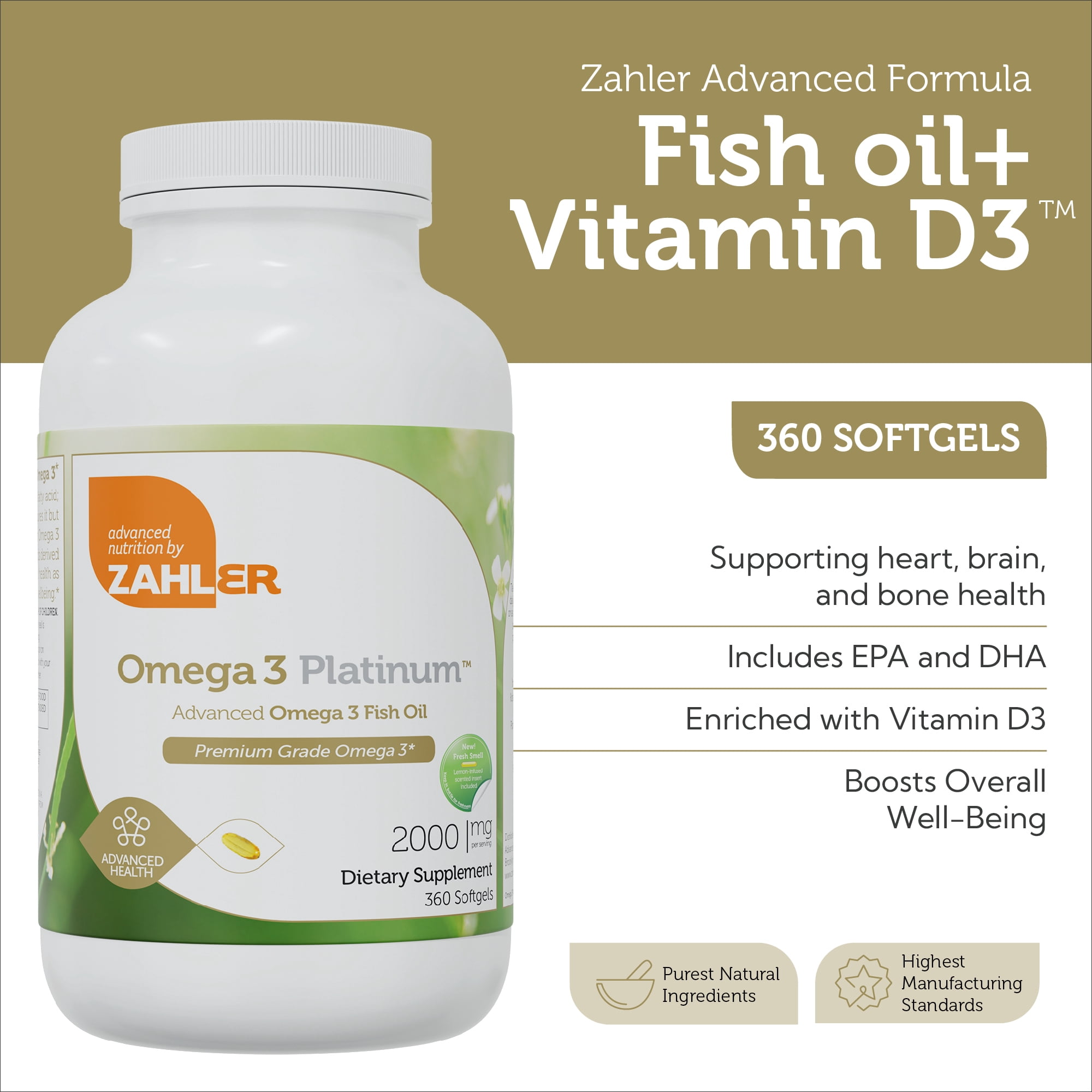Zahler Omega 3 Platinum + D, 2000 mg, 360 Ct, Omega 3, Omega 3 Fish Oil, Omega & Fish Oil Omega 3 Dietary Supplement