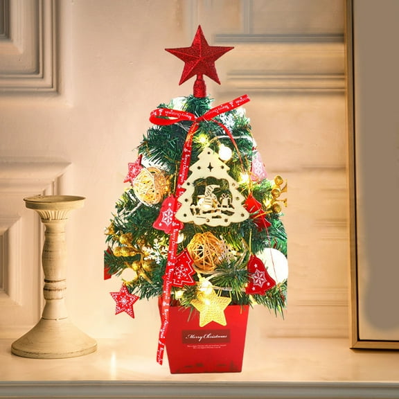 Mini Christmas Tree with Lights, 50cm PVC Tree for Desktop or Small Spaces, Battery-Operated with Ornaments, for Home or Office Festive Decor