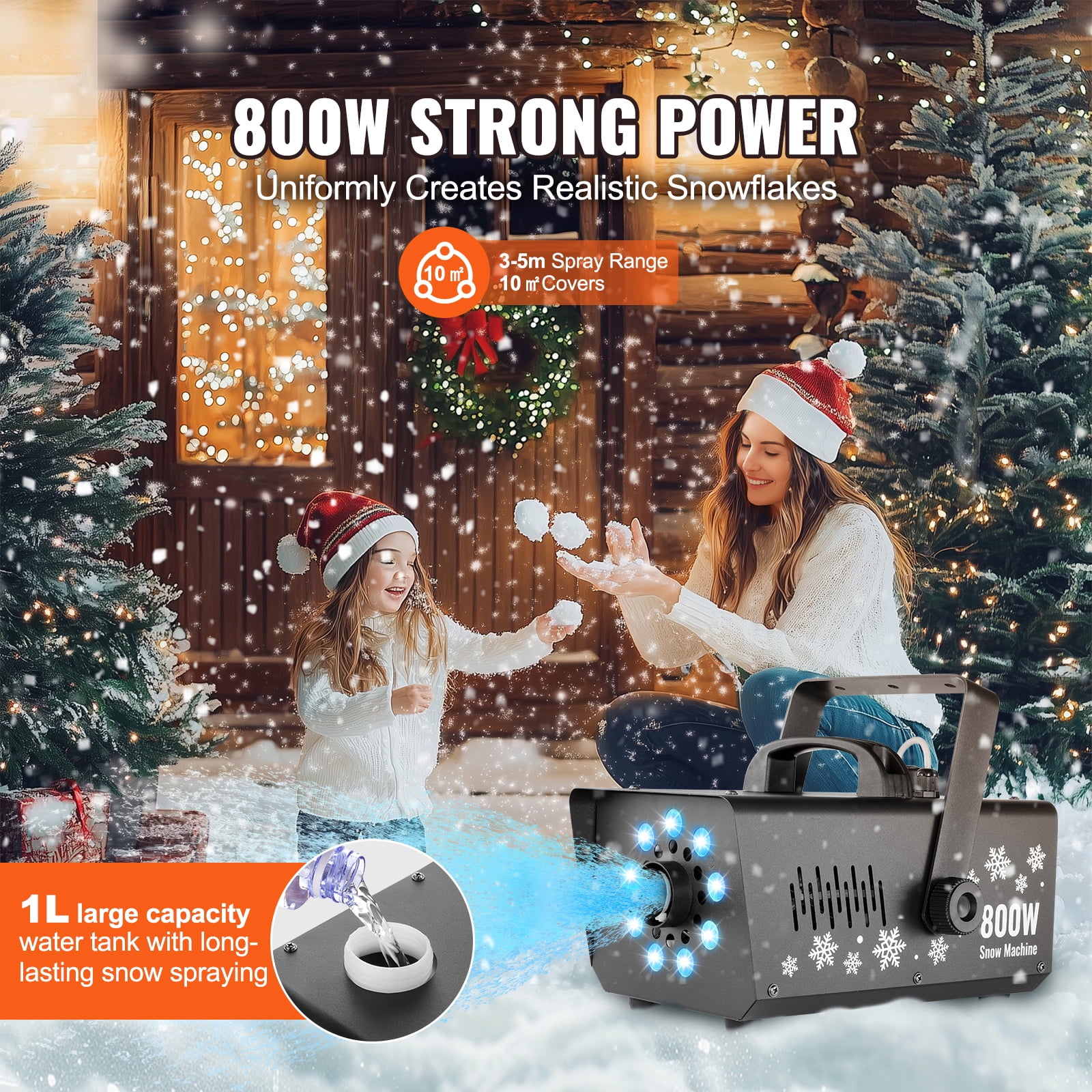 KFFKFF Snow Creator, 800W, Versatile Mounting Snow Generator with LED Illumination & 1L Capacity, Wireless Remote Snowflake Producer, Efficient Synthetic Snow Device for Holiday Gatherings, Weddings