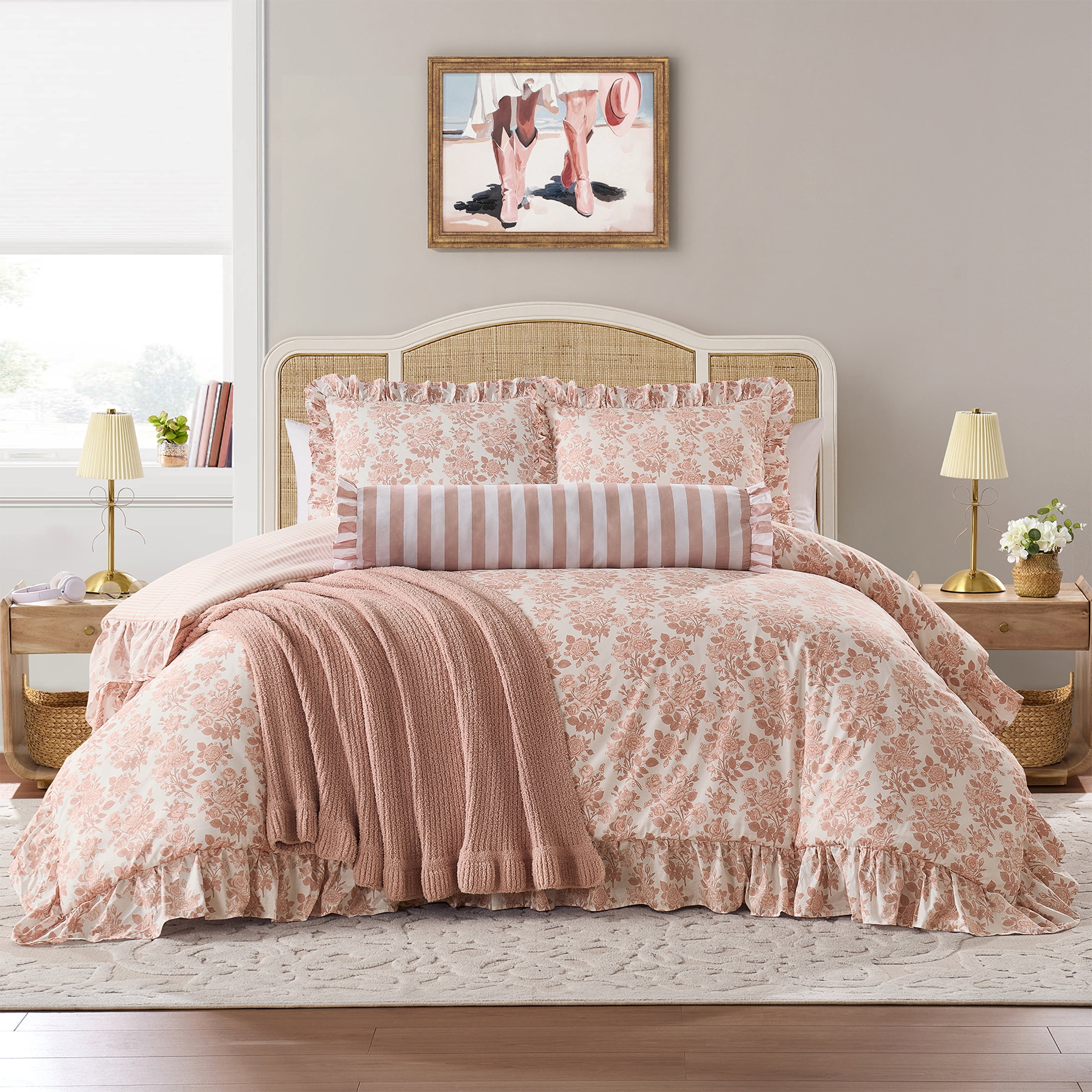 My Texas House Pink 60 in x 70 in Rib Knit Ruffle Throw Blanket