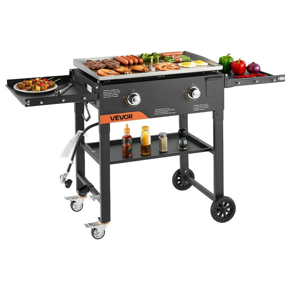 VEVOR Gas Griddle, 2-Burner Flat Top Grill, 28 inch Grill Plate Foldable Propane Griddle with Wheels, 30000 BTU Outdoor Flat Top Grills for Pan-Frying, Grilling
