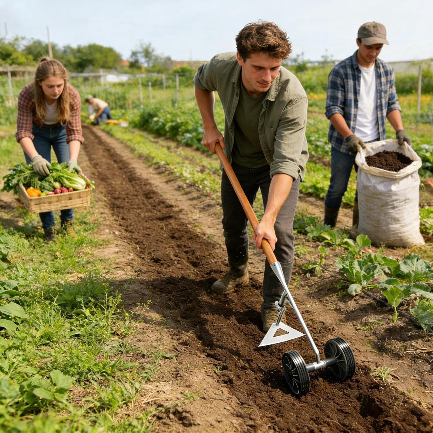 Double Wheel Garden Plow Hoe, Multi Function Cultivator Plow with Double Wheels | Gardening Tool for Soil Loosening Weeding, Farm Tool for Men Husband Father Gardener
