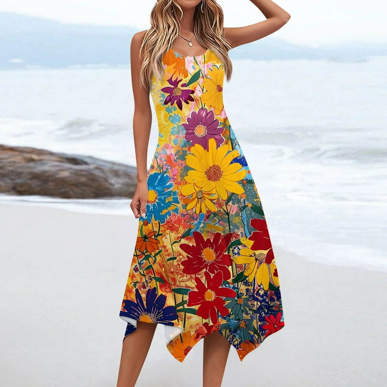Ydkzymd Summer Casual Dresses for Women Floral Flowers Wedding Maxi Beach Boho Tank Dresses Hem Sundress Petite Sleeveless Midi Dress with Pockets