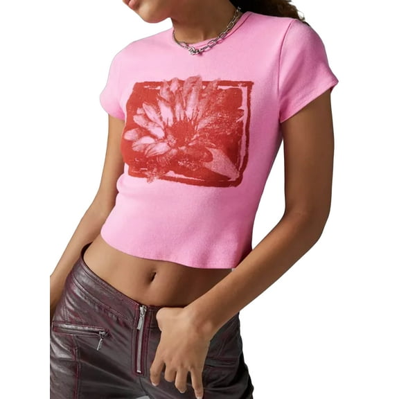 Michellecmm Women's Summer Crop Tops Sketch Lotus Print Short Sleeve Round Neck Baby Tee Streetwear