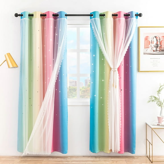 Anjee Blackout Curtains Set of 2, Rainbow Window Curtains for Girls Bedroom, Playroom and Dorm, Grommets Top Window Drapes with Sheer, 52" x 95"