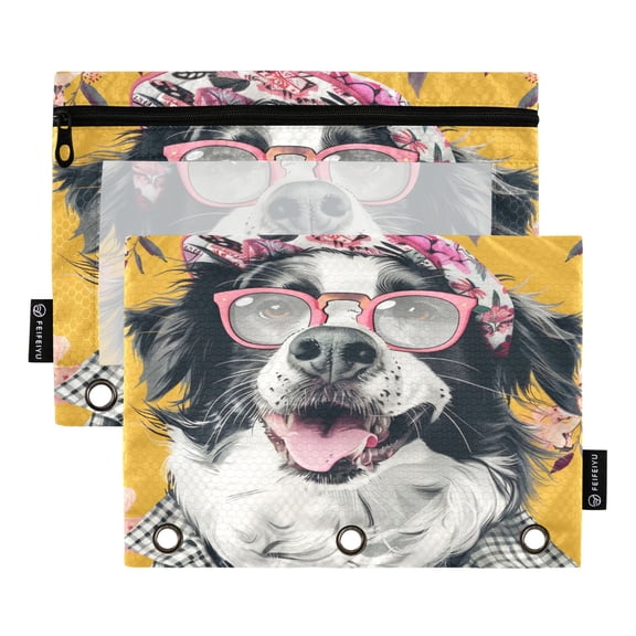 Fashion Dog and Flower 2 Pack Pencil Pouch for 3 Ring Binder Smooth Zipper Folders with Pockets Clear Window Pencil Case