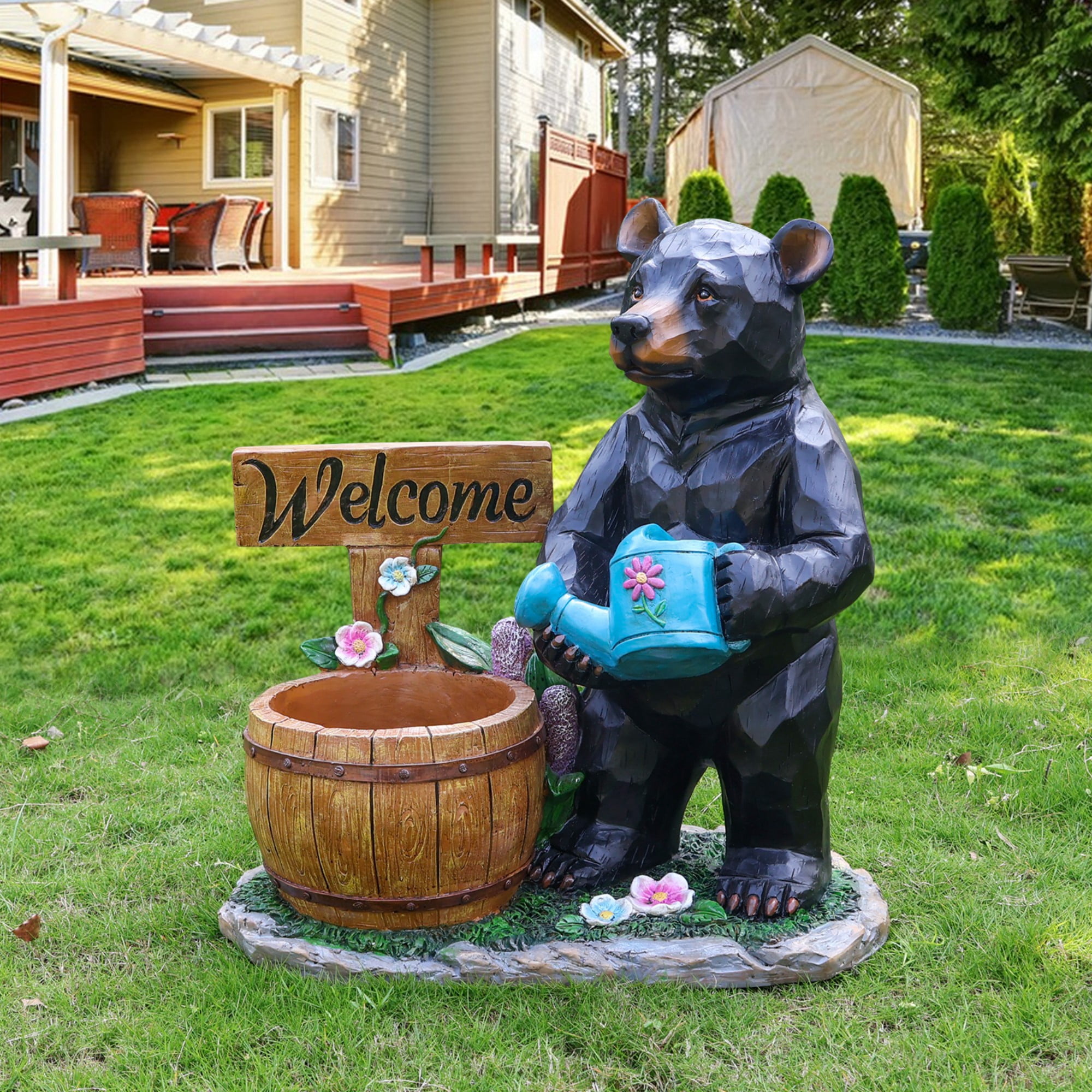 Bear Garden Statue, Black Resin Flower Pot Planter with Welcome Sign for Patio Yard