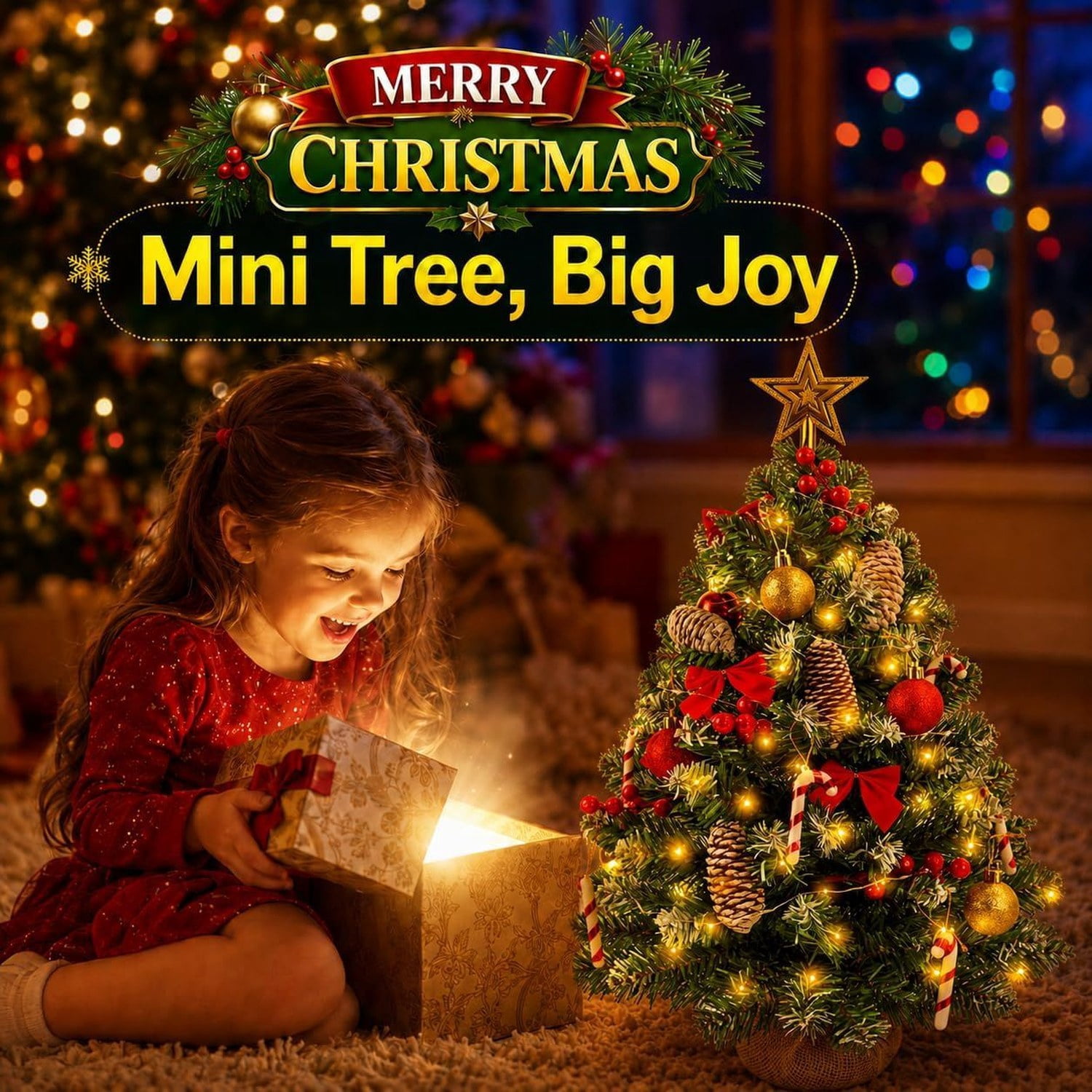 Pre-Lit Mini Christmas Tree with 30 LED Lights, Star Topper, Ornaments and Gift Boxes, 23 in Tabletop Holiday Decoration for Home, Office or Desk