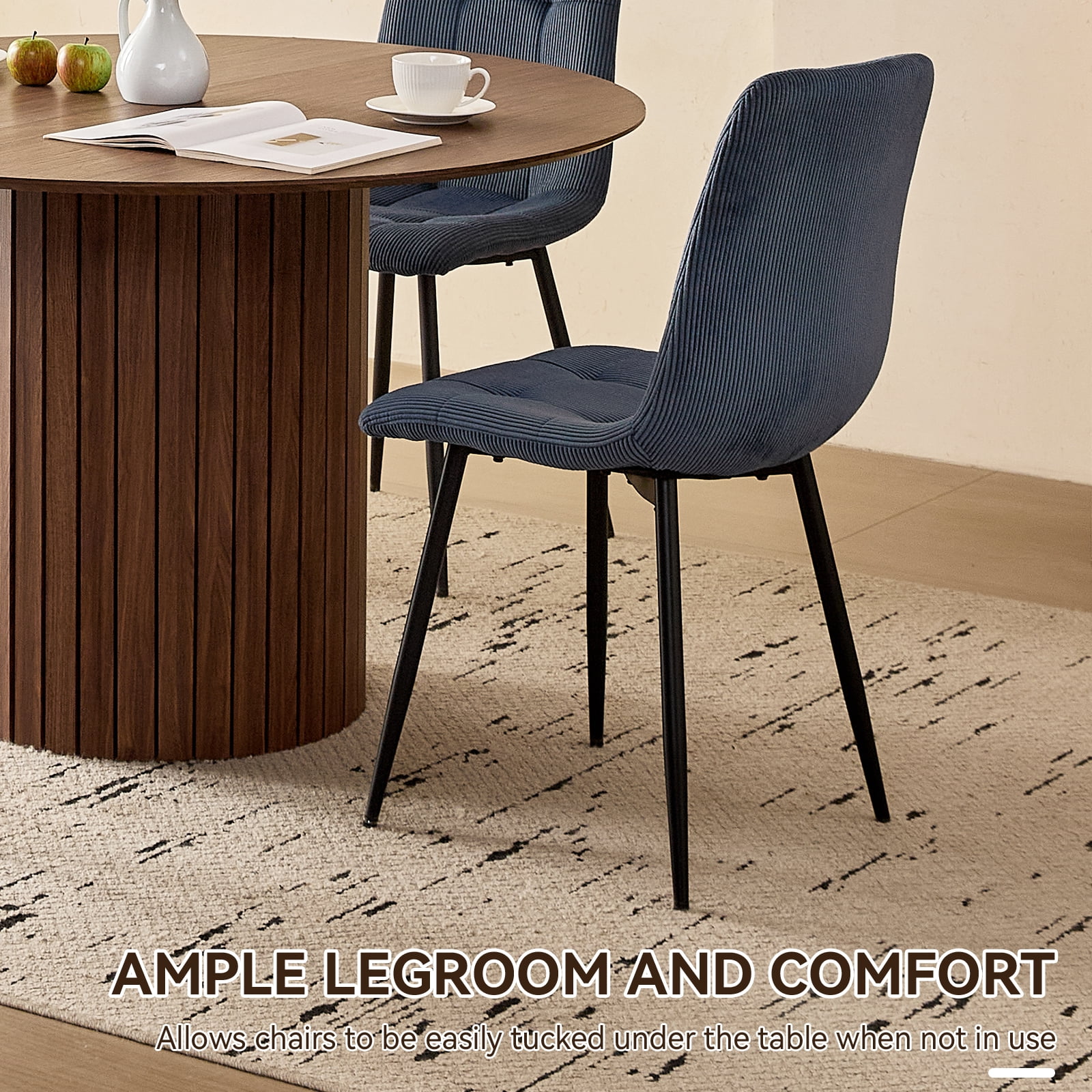 47" Round Dining Table Set of 4 Brown, Blue Corduroy Dining Chair Set of 4