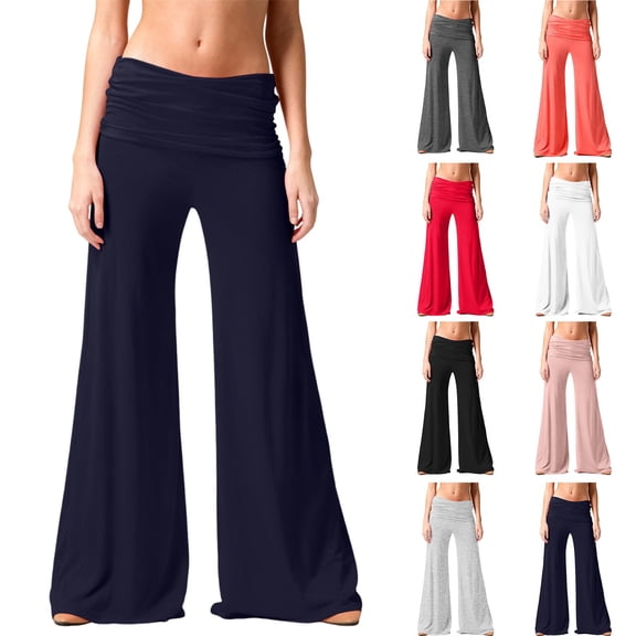 felwors Women's High Waisted Fold Over Flowy Wide Leg Pants | Casual Lounge Yoga Palazzo Pants for Beach & Vacation (Navy, XXL)