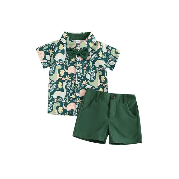 Suealasg Toddler Boy Gentleman Suits Outfit 1T 2T 3T 4T Dinosaur Print Short Sleeves Button Shirt with Bow Tie and Shorts Set 2Pcs Kids Boys Summer Formal Wear Clothes