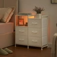 thumbnail image 2 of White Nightstand with Charging Station and LED Light, Wide 5 Drawers Dresser for Bedroom with Fabric Bins and Open Shelf for Bedroom Kids Closet Dorm Guest Room, White Leather, 2 of 14