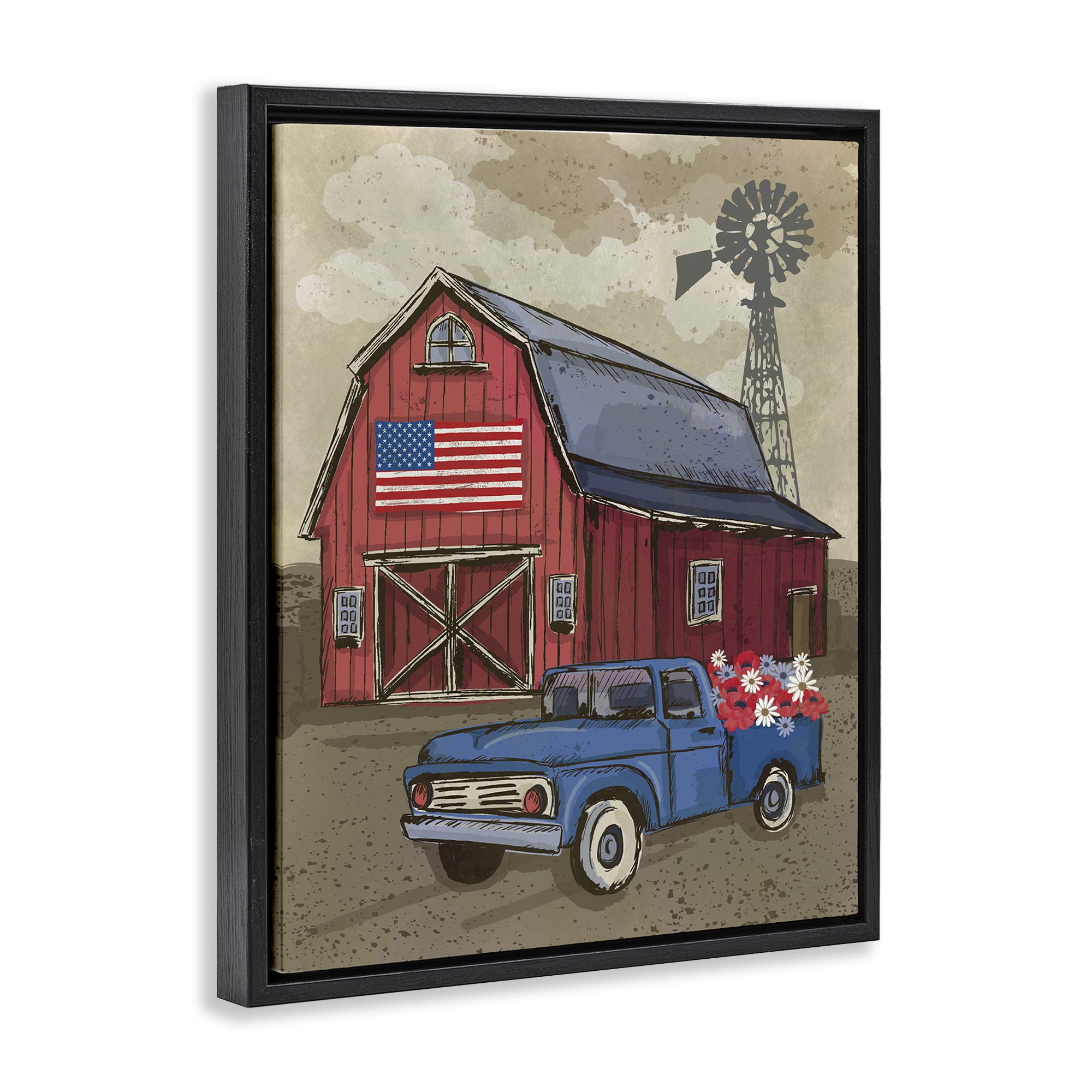 Stupell Industries Vintage Americana Barn Patriotic Painting Black Floater Framed Canvas Art Print Wall Art, 17 x 21