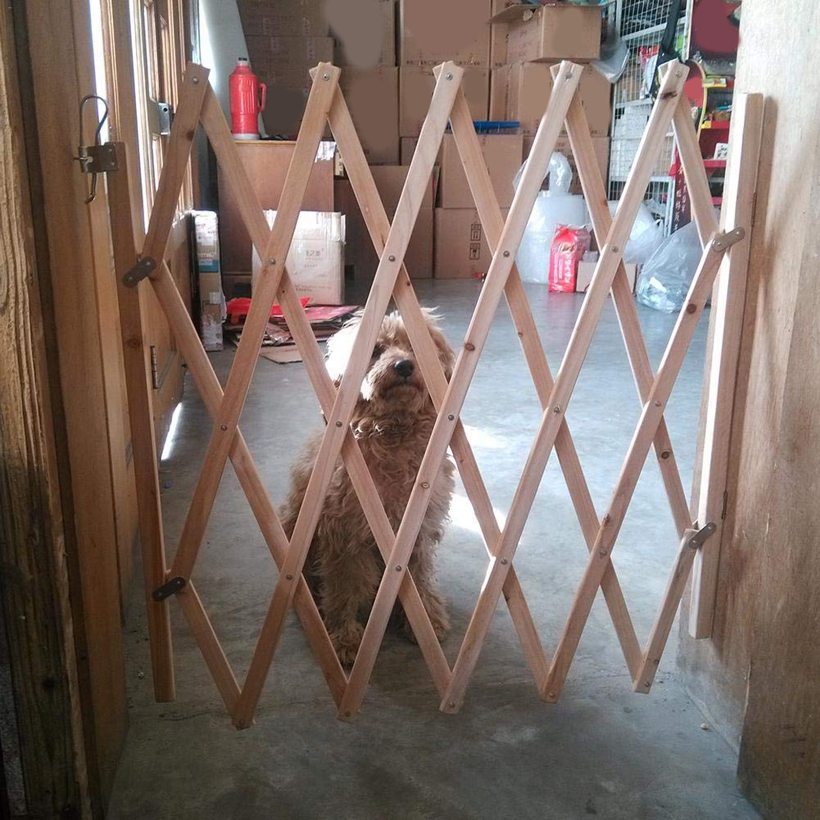 SPRING PARK Wooden Fence Pet Gate, Indoor Outdoor Retractable Dog Fence, Adjustable Portable Folding Mesh, Enclosure Net Extra Wide Safety Puppy Gate