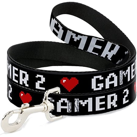 Dog Leash Gamer 2 Heart 8 Bit Black White Red 4 Feet Long 1.5 Inch Wide