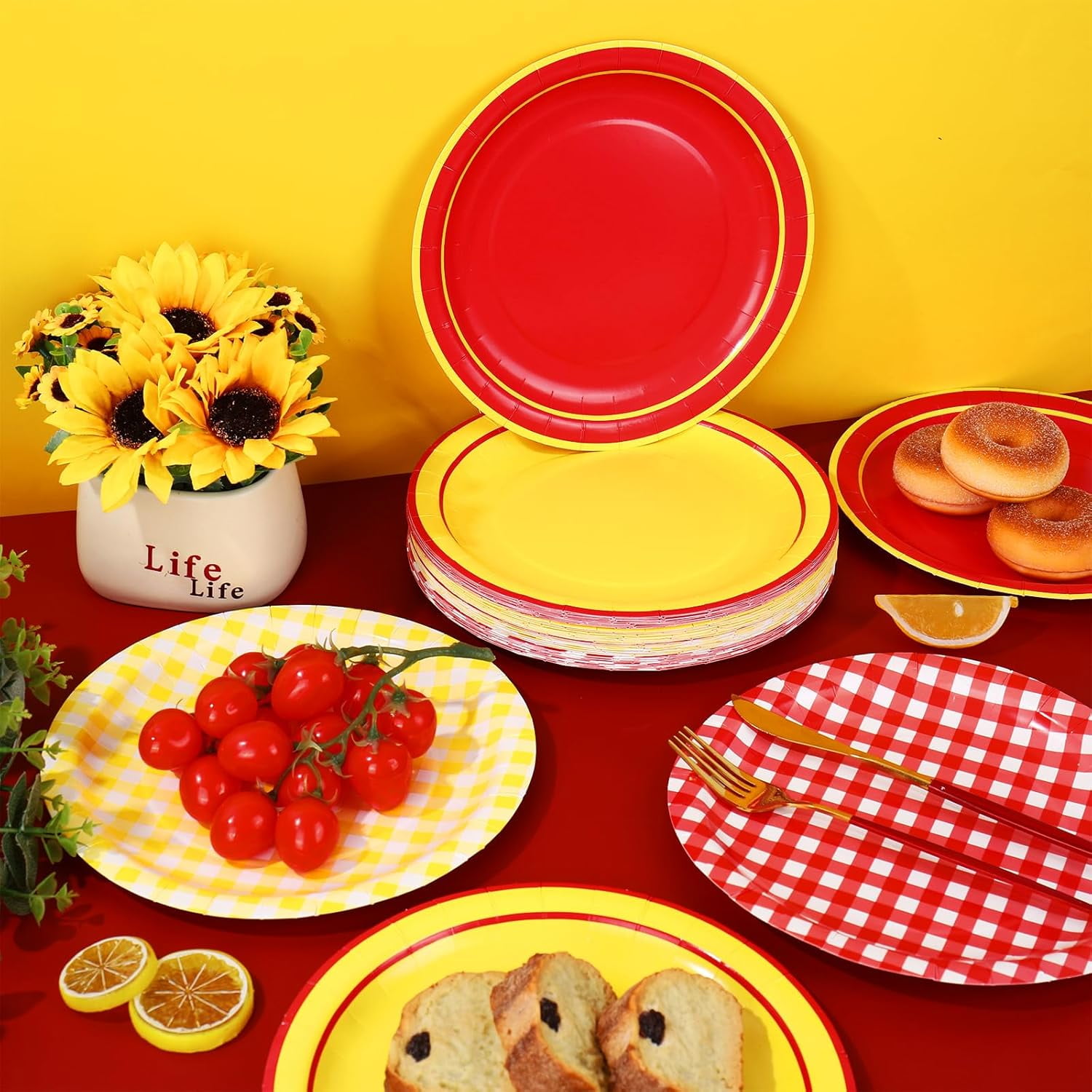 Pizza Party Paper Plates Red and Yellow Gingham Disposable Dinner Dessert Plates for Party Tableware Set