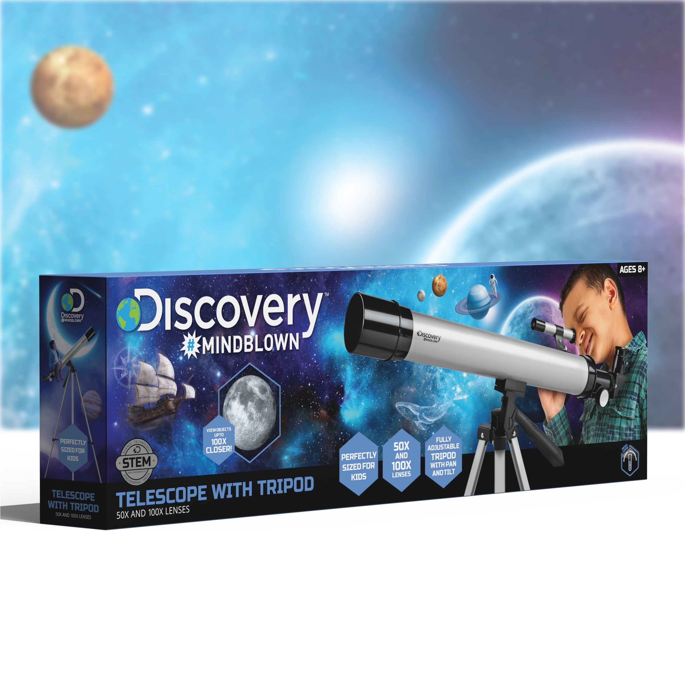 Discovery™ #Mindblown Telescope with Tripod, 50X and 100X Lenses, Adjustable Pan and Tilt