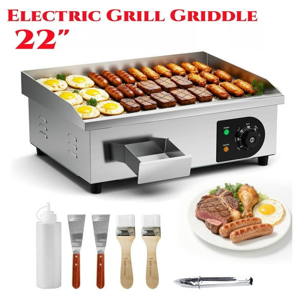 Joreek 22" Electric Countertop Flat Top Griddle 1600W 110V Non-Stick Commercial Restaurant Teppanyaki Grill Stainless Steel Adjustable Temperature Control 122-572℉