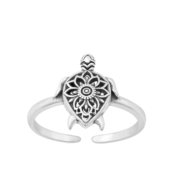 Oxidized Sterling Silver Sea Turtle Mandala Flower Toe Ring Midi Band .925 New Jewelry Female Unisex