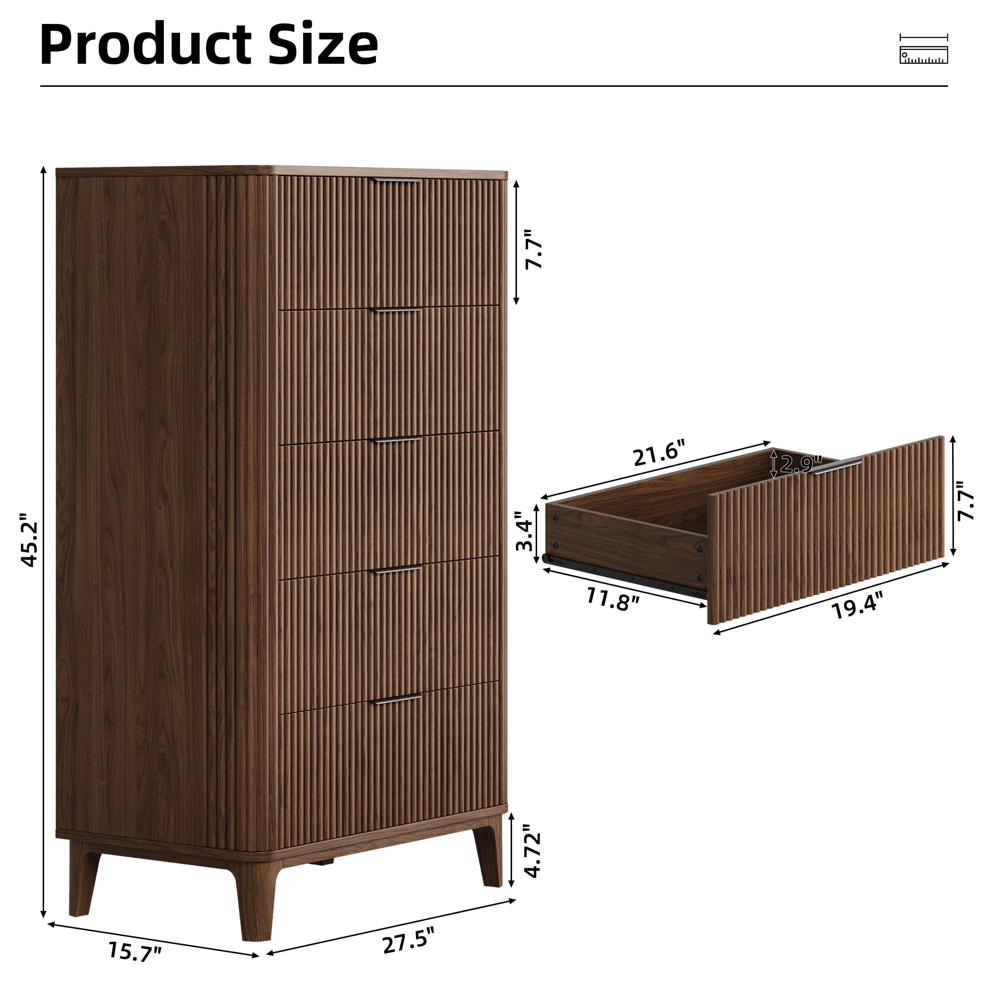 TOKSOM 45.2"H Walnut 5-Drawer Chest, Tall Narrow Dresser for Bedroom & Living Room | Space-Efficient Storage Cabinet with Smooth Drawers, Modern Organizer (25 lbs/Drawer)