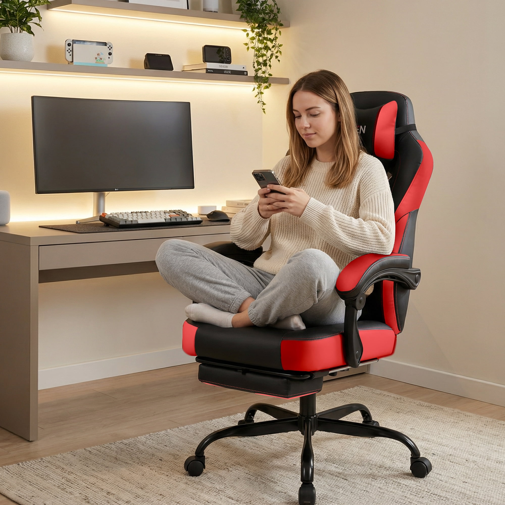 CELTOSS Gaming Chairs with Footrest, Big and Tall Gamer Chair with Headrest and Lumbar Support for adults, Red