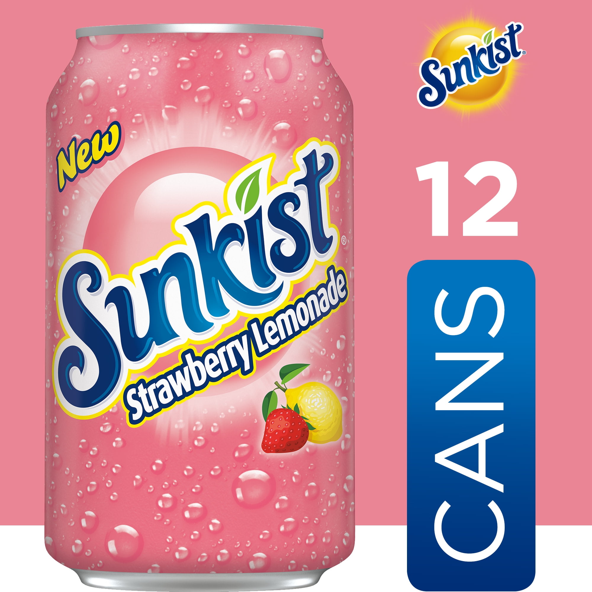 Sunkist Caffeine Free Strawberry Lemonade Soda Pop, 12 fl oz, 12 Pack Cans