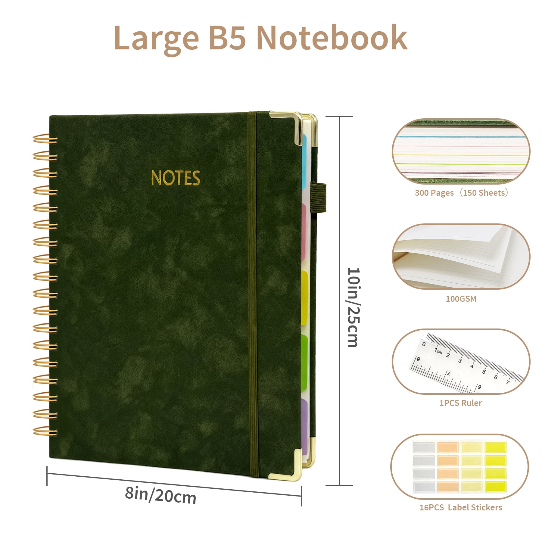 1Pack Hardcover Spiral Notebook with Tab, Ruler &  Removable Dividers, 300 Pages 8"x10" Large B5 Faux Leather Notebooks, 5 Subject Notebook College Ruled for Work, Home (Green)