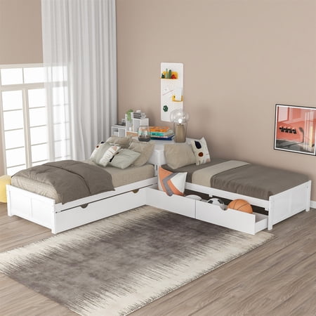 Pine Wood L-Shaped Twin Platform Bed with Trundle and Drawers for Bedroom  Built-in Desk  White
