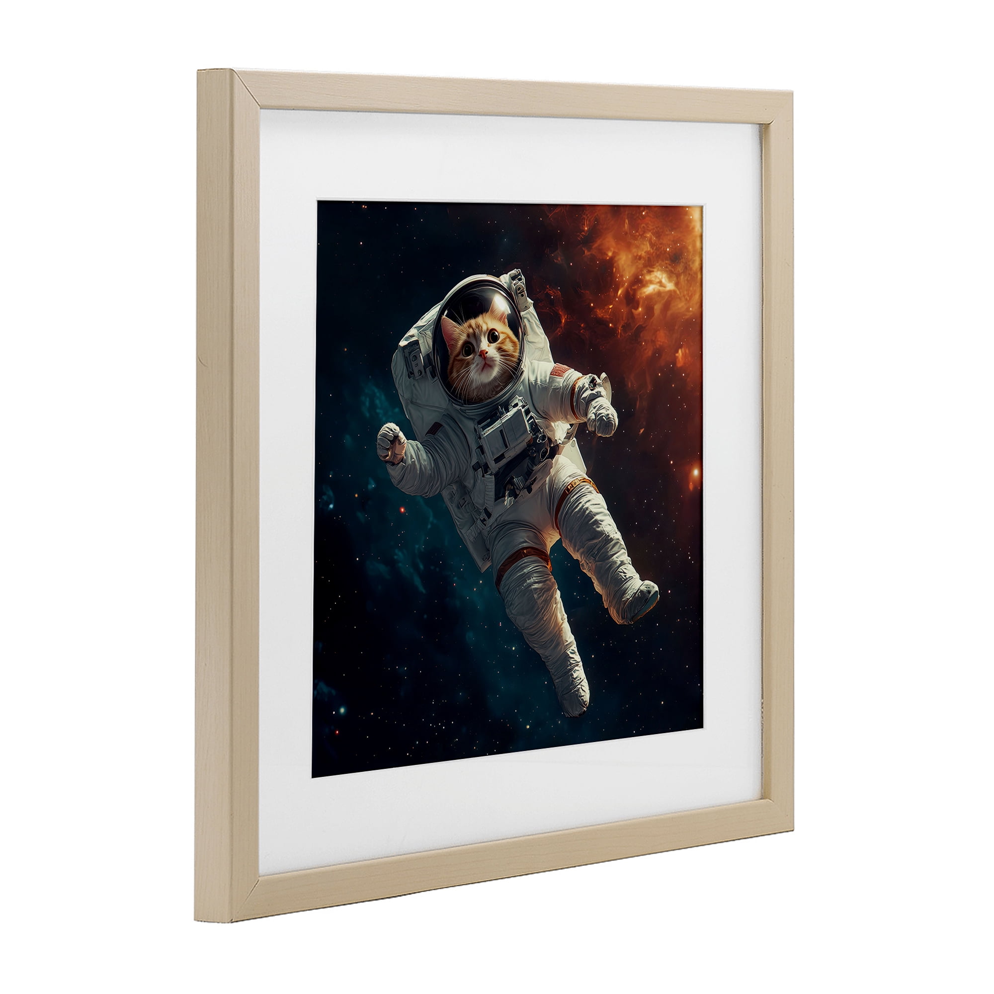 Interstellar Cat Astronaut Birch Framed Print Under Glass, design by Jim Baldwin