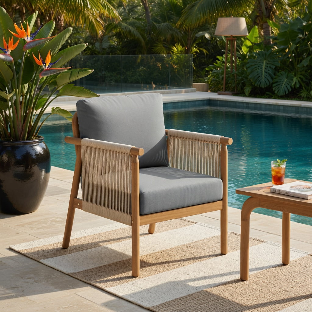 Hommoo Acacia Wood Patio Chair with Woven Rope Armrests, Ergonomic Outdoor Dining Chair for Backyard, Balcony, Porch, Gray