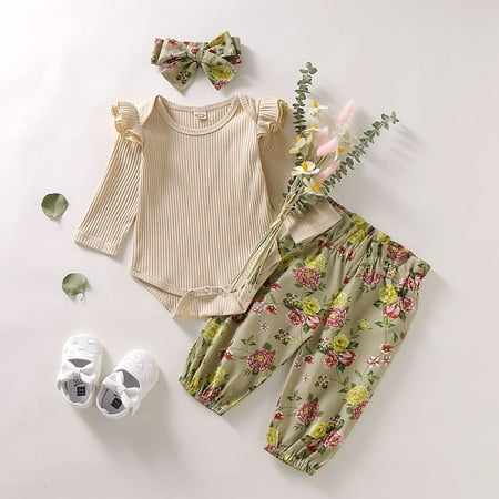 

Augper Baby Girl Clothes Long Sleeve Fall Winter Clearance Infant Baby Girls Ruffles Solid Romper Bodysuit+Floral Pants+Headband Outfits Khaki